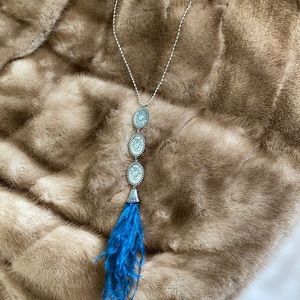 Feathery Teal Blue Pendant Necklace